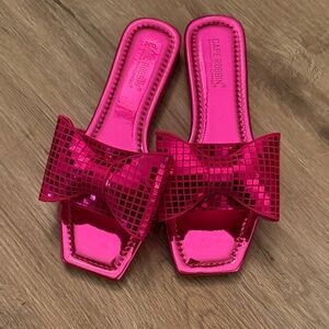Cape Robbin Fuchsia Slide Sandals with Checkered Bow